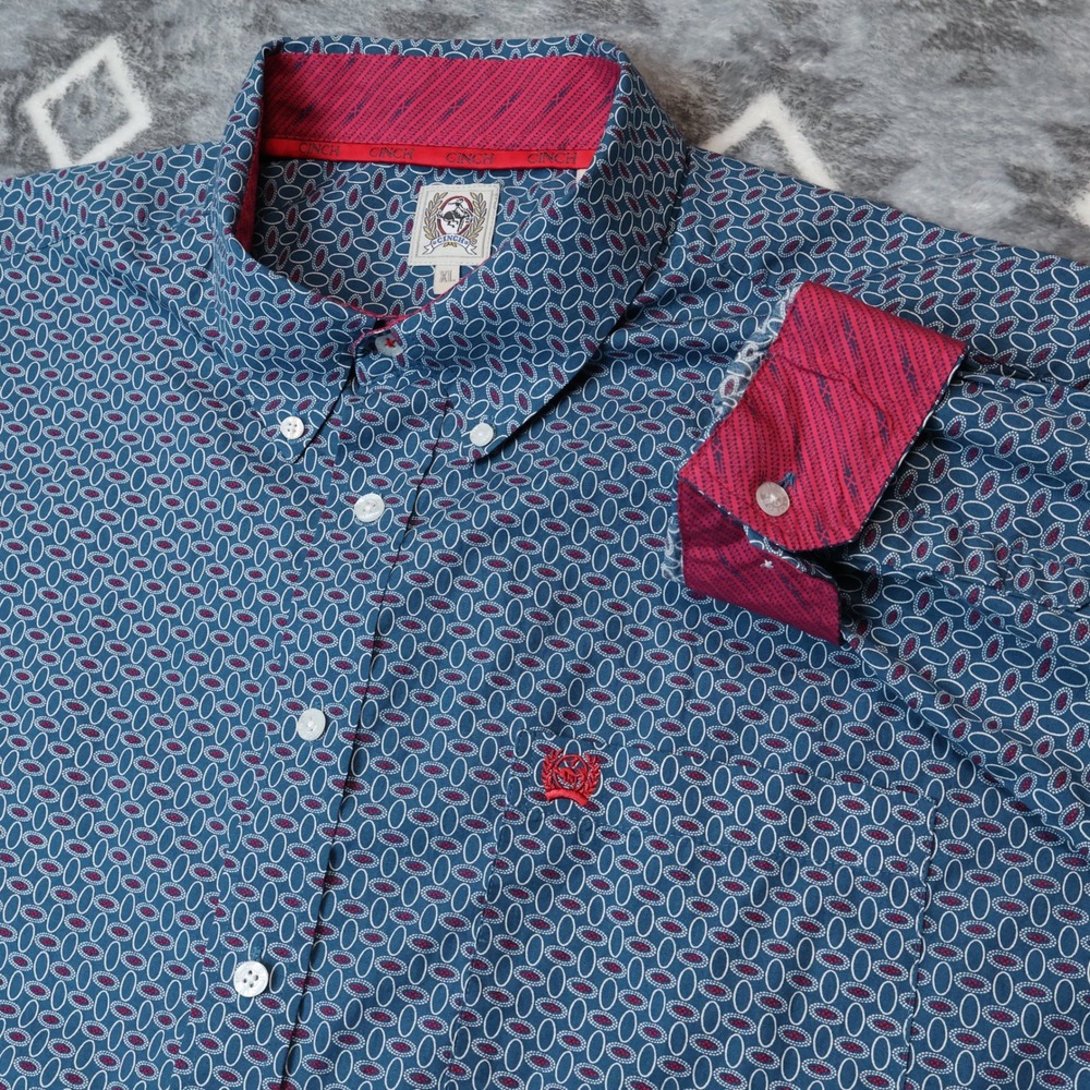 Cinch Mens XL Blue Geometric Oval Print Western Button Down Shirt Long Sleeve